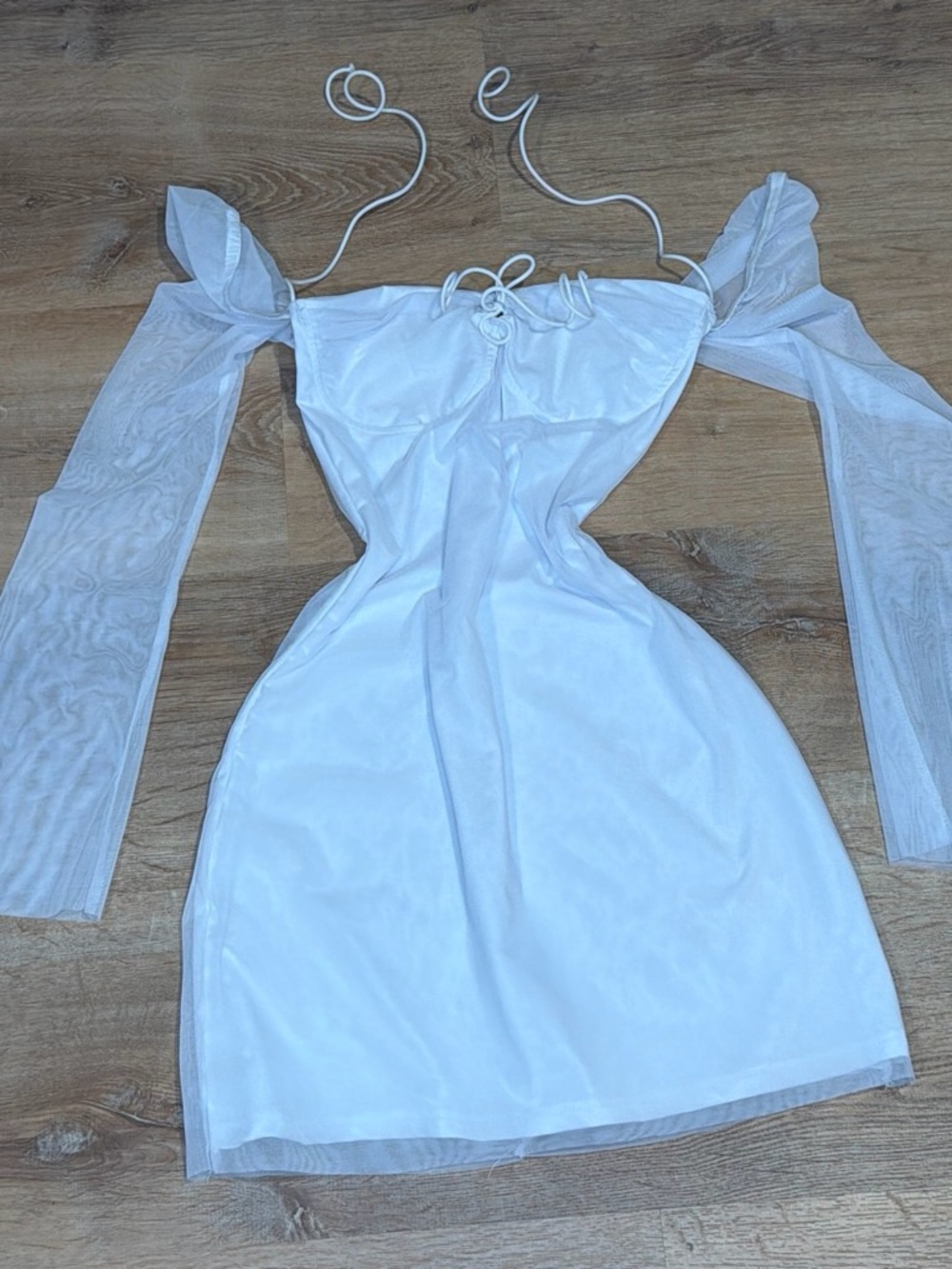 White Off-Shoulder Mini Dress with Sheer Sleeve Ties